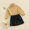 Conjuntos de roupas Crianças meninas 2 pcs doces roupas casuais, outono toddlers cor sólida manga comprida mid colarinho tops + PU couro curta saia conjunto