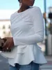 T-Shirt da donna Orlo con volant bianco Autunno Inverno Manica lunga Donna Top Camicette Office Lady Elegante Nero Rosso Casual Peplo Donna