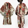ZA Vintage Çiçek Baskı Kimono Elbiseler Kadınlar Uzun Asimetrik Kol Bağlı Kuşaklı Plaj Kimono Kadın Pileli Yaz Elbise 210602