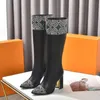 高級ブランドデザイナーサイハイブーツの女性のファッション牛革レザー弾性膝上ブーツ 7.5 センチメートルチャンキーヒールマーティンブーツ