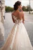 Transparenter Ausschnitt Hochzeitskleid Spitze Perlenkleid sexy Rücken mäßig Braut Retro Mila Nova Champagner Prinzessin Vestido de Novia