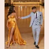 2021 Gold Sweetheart Prom Dresses Satin Long Evening Gown Sexy High Split Dubai Party Dress Formal Gowns Abendkleider