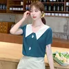 Summer Solid Color Splicing Sweet Ladies' Tops Short Sleeve Peter Pan Collar Front Button Chiffon Blouse Women 9094 50 210527