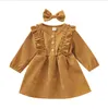 Tjejer klänningar toddler corduroy klänning med hårnål baby spets prinsessa bowknot huvudband spädbarn långärmad nyfödd boutique kläder wmq626