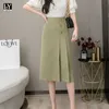 LY VAREY LIN Summer Casual Women Solid Color Ruffles OL Style Black Skirt High Waist Button Slim Fit Knee-length Skirts 210526