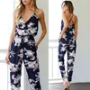 Macacões Womens Jumpsuit Verão Senhoras Azul Sexy profundo V Pescoço Lace Up Sem Mangas Floral Voltar Cruz Casual Femme 210607