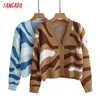 Tangada Women Autumn Blue Leopard Crop Cardigan Vintage Jumper Lady Fashion Knitted Coat BC168 211011