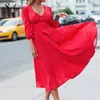サウスプアセクシーなレッドドレス女性用ドット印刷ディープVネックaラインエレガントドレス春の夏のドレスファッション服210303