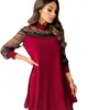 Printemps dentelle à manches longues patchwork a-ligne robe décontractée lâche col rond noir rouge élégant es pour femmes sexy mini maille 210604