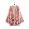 Kvinnor Bohemian Yellow V Neck Flower Print Kimono Shirt Holiday Beach Bow Sashes Mid Long Cardigan Blus Tops 210719