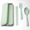 3PCSSet Travel Cuterises Table Bortable Cotlecty Box Wheat Straw Fork Spoon Student Dinnerware Set Kitchen Tableware6713567