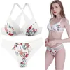 New Top Sexy Women's Tong Underwear Set Printing Brassiere Women Lingerie Set Lace Push up Bra Panties Sets Deep V Gather X0526