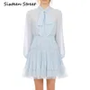 Kvinna mini klänning båge krage ljusblå avslappnad långärmad vintage elegant korta klänningar hög midja höst bodycon 210603