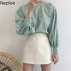 Neploe Korean Ins O Neck Pullover Plaid Blouse Lantern Long Sleeve Green Straight Blusas Autumn Spring Shirt Holiday 210226