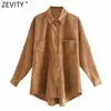 Zevity Women Fashion Pockets Patch Casual Loose Corduroy Blouse Office Lady Irregular Shirts Chic Chemise Blusas Tops LS7394 210603