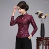 Estilo tradicional chinês camisa feminina casual mandarim colarinho blusa roxo botão tang laço roupas florais plus size s-4xl1