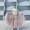 Vintage rosa pläterad lång tulle kjol tutu femme hög midja bana mjuka mesh kjolar koreanska kvinnor våren jupe hajuku 210621