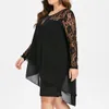 Women Autumn Solid Dress Plus Size Dress Sheer Lace Patchwork Long Sleeve High Low Hem O-Neck Dress Casual party dresses S-5XL 210309