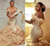 Champange Sereia Aso Ebi Vestidos de Noiva Off Ombro Sparkly Luxo Ruffles Saia Tiered Saia Lace-up Árabe Africano Arábico Vestido Bridal