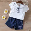 Summer Children Clothing Fashion Doll Collar Girl Bow White Blouses+ Shorts Set Kids Clothes Sets 210611