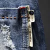2021 Herren Jeans Löcher ausgefranst Hiphop zerrissen hellblau Skinny Stretch Slim Bein Streetwear Distressed Moto Biker Jeans Male Denim X0621