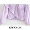 Kpytomoa vrouwen zoete mode gesmokte elastische asymmetrische bijgesneden blouses vintage v nek lange mouw vrouwelijke shirts chic tops 210226