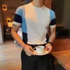 Men's T Shirt Short-sleeved Knitted T Shirts British Slim Fit Round Neck Ice Silk T-shirt Color Contrast Casual Tee Tops 210527