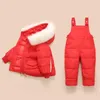 Kids Baby Snowsuit 2 stks Sets Grote Bont Kraag Down Jassen + Warm Jumpsuit 2021 Nieuwe Winter Peuter Jongens Meisjes Skiën Suits H0909