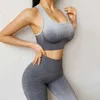 Conjunto de ginásio sem costura mulheres fitness roupas sportswear feminino esporte leggings acolchoado push up strappy esportes grandes copo bra yoga ternos 210802