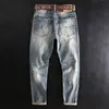 Italienische Mode Männer Jeans Retro Blau Elastische Slim Fit Zerrissene Hohe Qualität Vintage Designer Casual Denim Hosen 7WT9