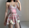 WOMENGAGA Sexy China Süße Plaid Print Bogen Haarige Loli Kawaii Asien Frauen Hohe Taille Falten Mini Rock Röcke Rosa UY87 210603