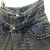 Twotwinstyle falska två denim kort för kvinnor hög midja patchwork rivet casual shorts kvinnliga mode kläder sommar 210724