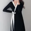 Casual Dresses Japanese Style V Neck Long Sleeve Patchwork Dress Autumn Black Side Split Midi Wrap 2021 Woman Clothing QA191