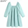 ZEVITY Women French Style Solor Elastic Pleat Straight Mini Dress Ladies Puff Sleeve Vestido Chic Casual Dresses DS8325 210603