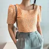 Korejpaa Frauen Hemd Koreanische Chic Sommer Sanfte Süße Amerikanische Kragen Kleine Gänseblümchen Lose-sitzende Bubbly Sleeve Blusen Top 210526