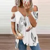 Women's T-Shirt Women T Shirts Hollow Sexy Strapless Rose 3D Printing Zip V Neck Summer Pullover Short Sleeve Tshirt