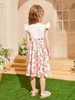 Vestido de 1 pieza con lazo en la parte delantera y manga de mariposa con estampado floral para niñas pequeñas SHE