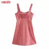 Tangada Summerファッション赤の格子縞の印刷ドレスのための女性サイドジッパーの女性カジュアルなビーチドレス3H560 210609