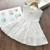 New Summer Girls Mini V Neck Short Sleeve Cotton Ruffle Bow 2021 White Black Star Pattern Western Style Princess Dress Q0716