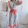 Zevity Women Vintage Totem Floral Print Patchwork Sashes Shirt Dress Lady Clothing Chic Side Split Midi Robe Vestido DS8358 210603