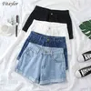 Fuitaylor Summer Women High Waist Wide Ben Classic Solid Färg Svart Denim Shorts Casual Kvinna Vit Blå Lösa Jeans 210714