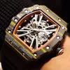 Noir Yellow Carbon Fibre Miyota Automatique Mens Hommes Montre Squelette Dial Orange Sangle de caoutchouc intérieur Super édition PureTime01 1201b2