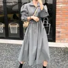 Chic dragkedja krage klänning kvinna tyg smal midja puff-safte khaki vestidos koreanska streetwear klänningar kvinnlig vårkläder 210603