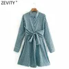 Zevity Frauen Vintage Umlegekragen Blätter Drucken Eingewickelt Kimono Minikleid Büro Dame Langarm Chic Schärpen Vestido DS4761 210603