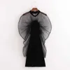 Женское контрастное бархатное платье с полупрозрачными длинными рукавами и высоким воротником, элегантные женские мини-платья 210709
