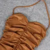 DeVe Teger Kadınlar Yeni Moda Halter Tan Ruffle Midi Elbise Ünlü Akşam Parti Elbiseleri 8325 210309