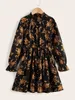 Girls Allover Floral Print Flounce Sleeve Shirred Neck Dress SHE