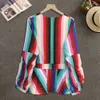 Rainbow Color Striped Print Puff Sleeve Peplum Toppar Kvinnor Och Blusar V Nacke Ruffles Trim med Zipper Office Wear Shirts 210527