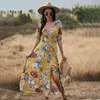 С коротким рукавом Maxi Split платье лето пляж Boho Print Sexy V-образным вырезом цветочные длинные платья повседневная свободная партия элегантный халат 210719