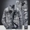 Business Casual 2pcs Men's Pant Sets Simple Design Long Sleeve Denim Jacket and Jeans Spring Autumn Slim-fit Stretch Male Clothing